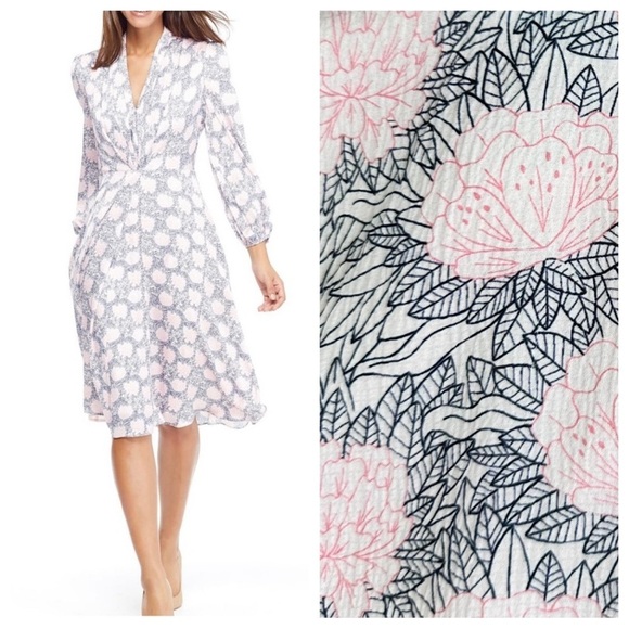 Gal Meets Glam Lizzie dress pleated v-neck midi pink flower 8 floral long sleeve - Picture 1 of 15